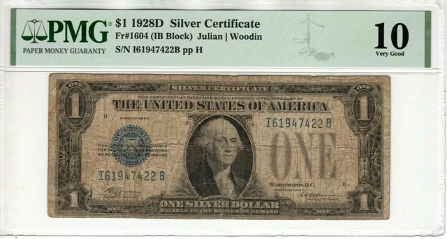 1928 D $1 Silver Certificate Note Fr.1604 Hb Block Pmg Very Good Vg 10 (422B)