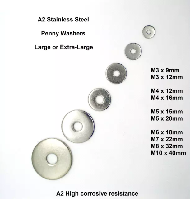 Penny Washers A2 Stainless-Steel  M3 M4 M5 M6 M7 M8 M10 Large/Extra-Large Repair