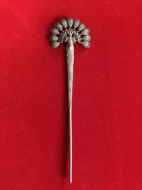 Antique Chinese Peacock Hear Pin With Makers Stamp, Historical Women's Fashion Antique Chinese Peacock Hear Pin With Makers Stamp, Historical Women's Fashion