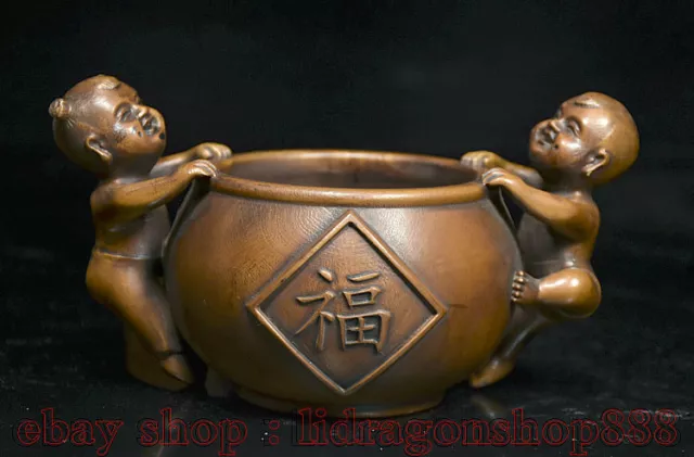 5.6 "Buis Chinois Bois Sculpté Dynastie Palais Tongzi Garçon Fille Pot Pot Crock