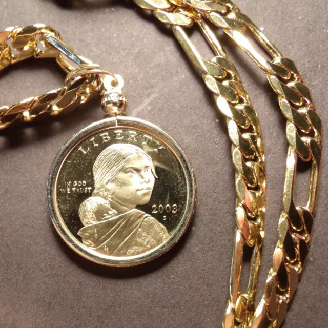 SACAGAWEA PROOF COIN Pendant on a 24" Gold Filled FIGARO CHAIN