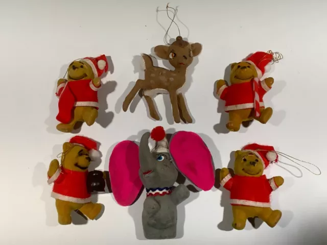 6 Vintage Walt Disney Productions Flocked Christmas Ornaments Dumbo Winnie Bambi