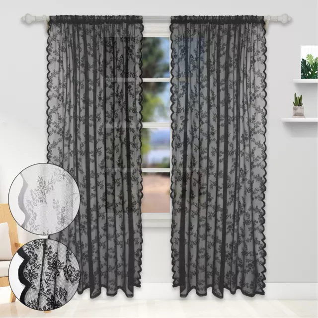 Voile Curtains Black Lace Net Window Curtains Slot Top Ready Made Sheer Drapes