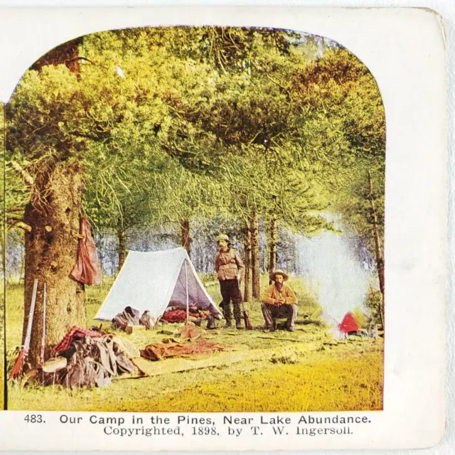 Montana Cowboy Hunting Camp Stereoview c1905 Tent Hunters Men Fire Antique C948