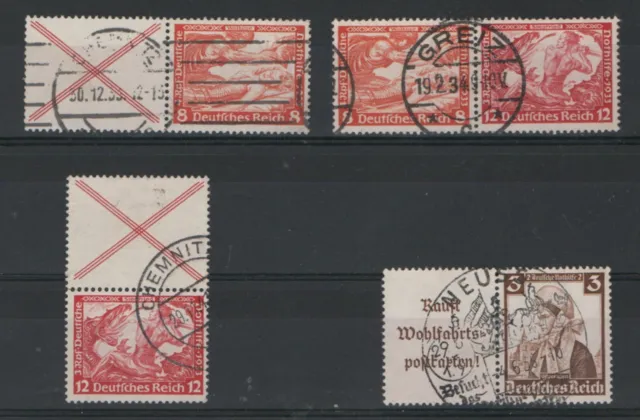 Zusammendrucke Deutsches Reich W51, W57, S114 und W102 gestempelt, Mi. € 268,00