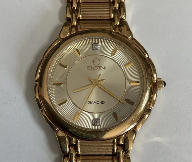Elgin Men’s Gold Tone Diamond Dress/Formal Wristwatch FG159 Runs Great A7