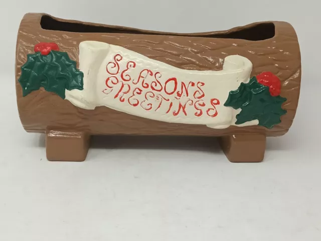 Christmas Card Holder Planter Seasons Greeting Ceramic Log Vintage 1984