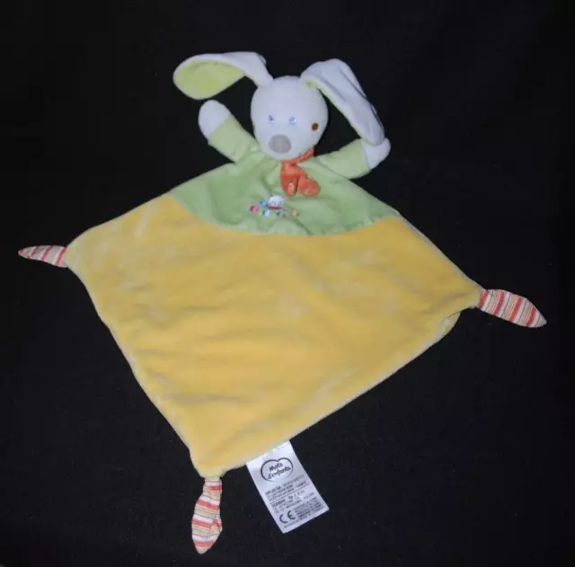 Doudou lapin plat vert jaune MOTS D'ENFANTS LECLERC chat écharpe orange TTBE