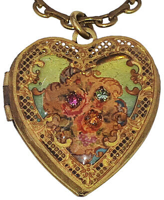 Michal Negrin Heart Locket Necklace Roses Crystal Pendant Victorian Retro Floral