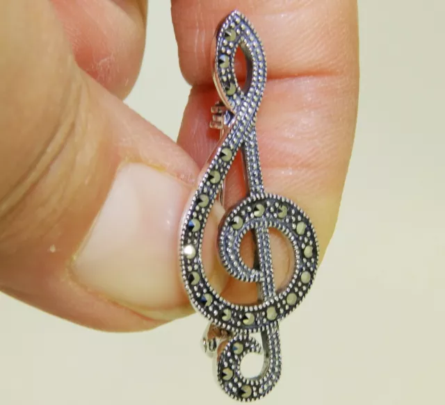 925 Sterling Silver Marcasite Treble Clef Music  Brooch Pin 2