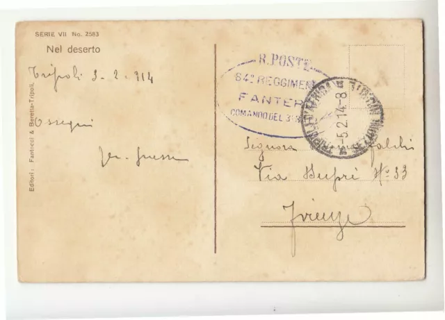 1914 cartolina TRIPOLI+timbro R.POSTE 84° REGGIMENTO FANTERIA COMANDO 3°BTG-g861