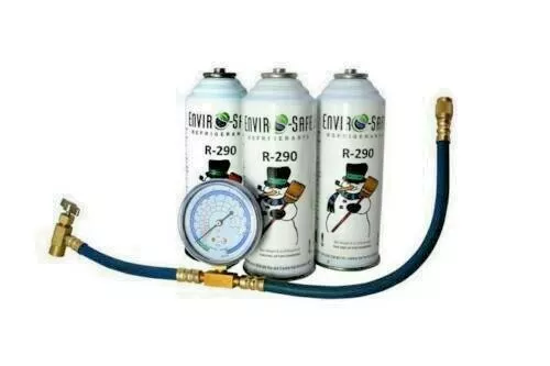 Enviro-Safe R-290 Modern NEW Refrigerant 3 cans & gauge kit #8006