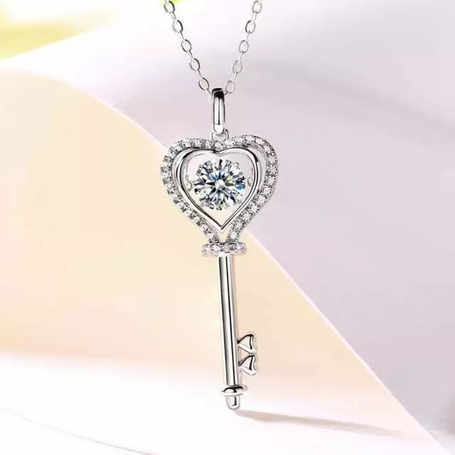 1Ct VVS1/D Round Moissanite Dancing Stone Key Necklace Pendant 925 Silver