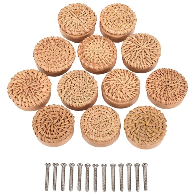Boho Rattan Dresser Knobs Round Wooden Drawer Knobs Handmade Wicker Woven a B4J6