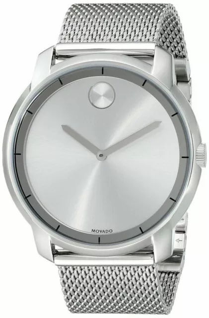 New Movado Bold Silver Tone Mesh Bracelet 44mm Slim Mens Watch 3600260