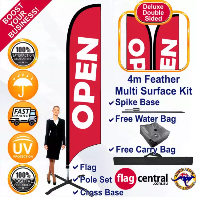 OPEN Deluxe Red 4m Feather Flag/Banner Kit Multi Surface *UV Protected *Windless