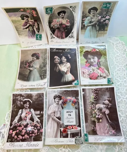 Vintage Lot of Cards Postcard RPPC Tinted French Ladies Roses 9 Postcards 1900s