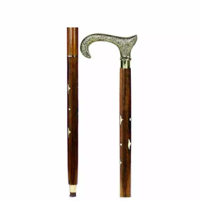 Vintage Silver Brass Derby Head Handle Antique Style Wooden Stick Walking Cane