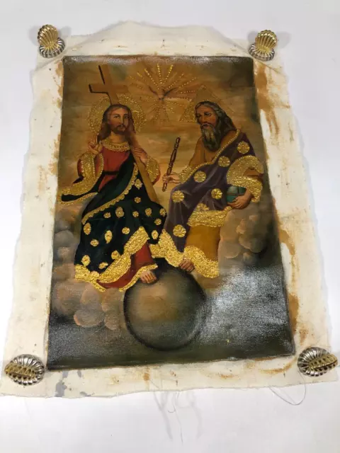 Cusco School Peru Original Oil Painting Jesus & God Gold Leaf 14x10