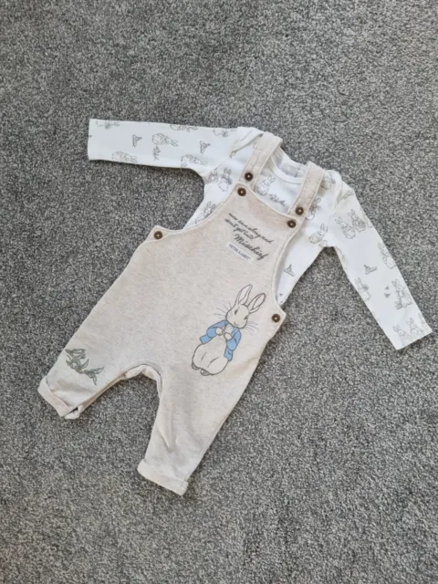 Unisex Baby Peter Rabbit Dungarees Outfit 3-6 Months Beige long sleeve t