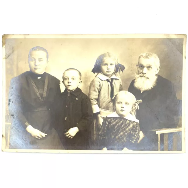 Antique RPPC Family Portrait Photo Postcard 1900s Widow Children Grandpa Vintage