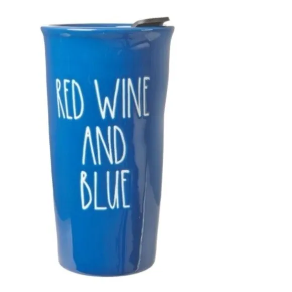 Rae Dunn “RED WINE AND BLUE” Travel Mug Mug *NIB*
