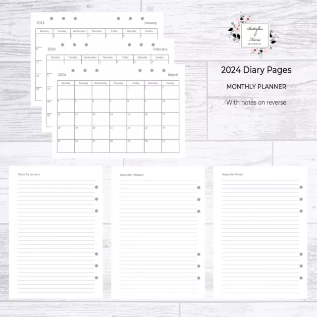 2024 Filofax Compatible A5 Organiser Diary Refill Monthly Planner + Notes