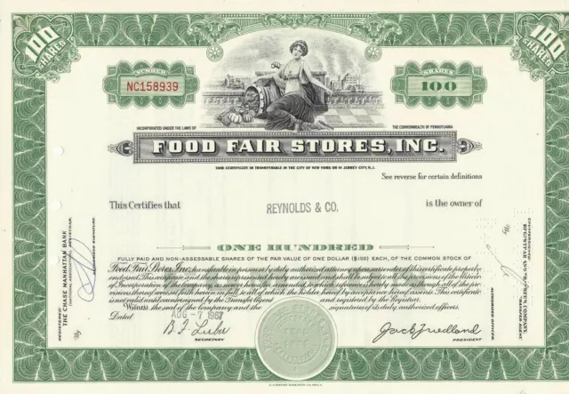 US Food Fair Stores, Inc. 1967 illustriert 100 Aktien Zertifikat Ref 39571