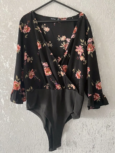 Black & Floral Pink Patterned Wrap Front Popper Bodysuit Party Evening Boohoo