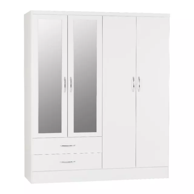 Nevada 4 Door 2 Drawer Mirrored Wardrobe in White Gloss Finish Hanging Rail