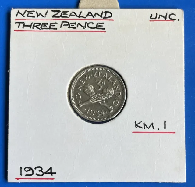1934 New Zealand Threepence aUnc. PLEASE READ POSTAGE DETAILS. 9
