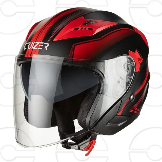 Cruizer Casco Jet Moto Scooter Omologato Doppia Visiera Nero Opaco Grafica Rosso