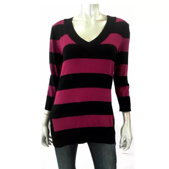 Style & Co Women Sweater S Purple Black Knit Striped Pullover Scoop Neck