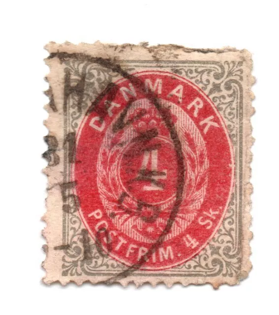 Denmark 1875 Royal Emblem SC: 18 4Øre Grey Red Used Stamp