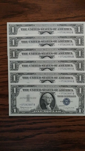 {6} Star FR-1621* Series 1957 B $1 Silver Certificate Uncirculated Crisp Bills.