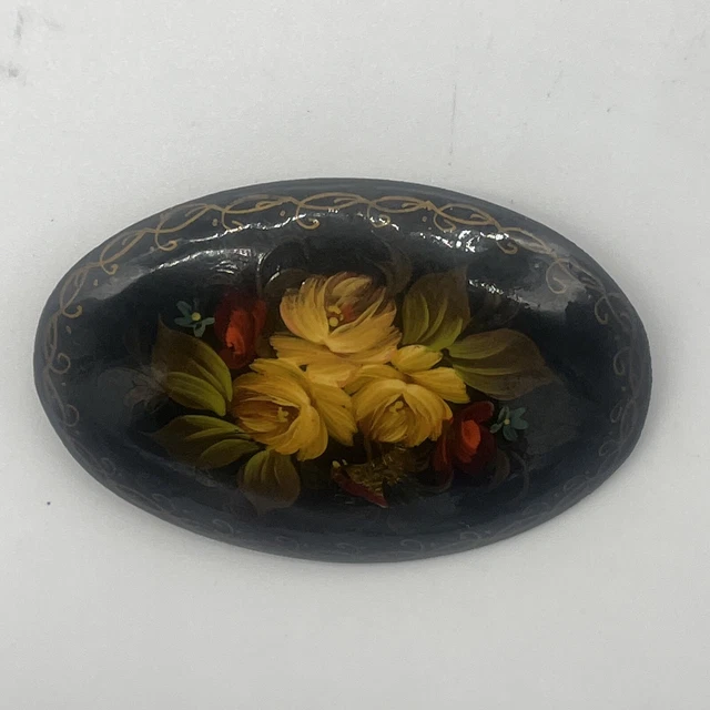 Vintage Russian Wooden Lacquered Floral Hand Painted Brooch