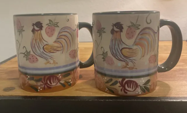 2 Chanticleer Rooster Zrike Danna Cullen Design Folk Art Tuscan Strawberry Mugs
