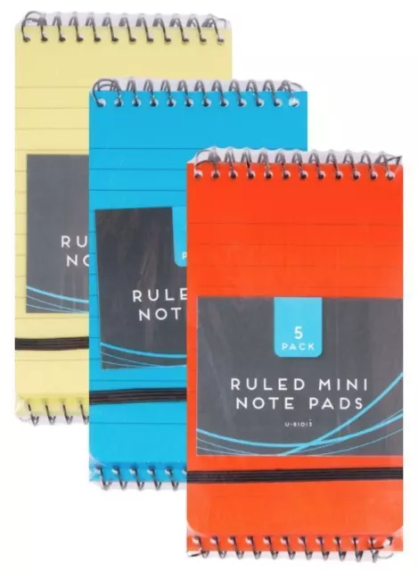 5 Mini Note pads Spiral Bound Ruled Lined Small Pocket Notebooks Vibrant Cover
