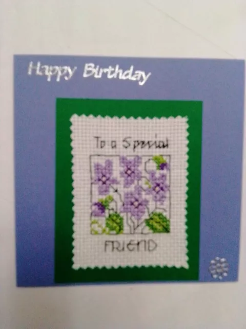 Birthday Card Completed Cross Stitch  Special Friend Violets 6" sq