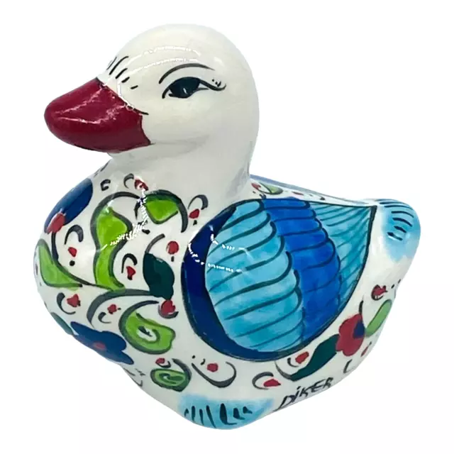 VTG Polish Pottery Ceramic Duck Figurine Folk Art Hand Painted 3.25" Signed