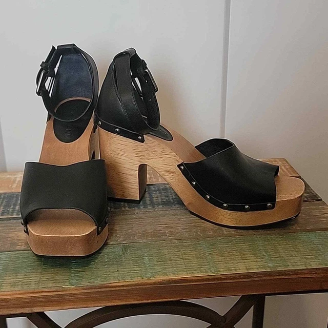 New Lucky Brand "Nelora" Wooden Heeled Black Leather Sandals, women's size 6