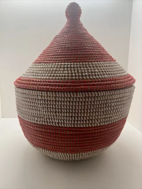 Authentic Large African Coiled Basket and Lid Sweet Grass  (WISHING BASKET)