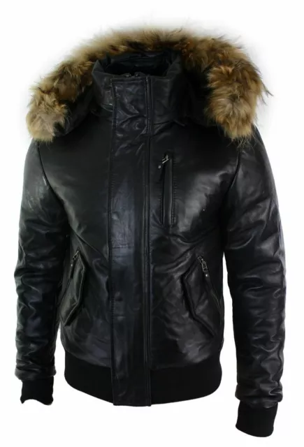 New Men Real Fur Hood Bomber Sheep Leather Jacket Black Puffer Padded Sale Price