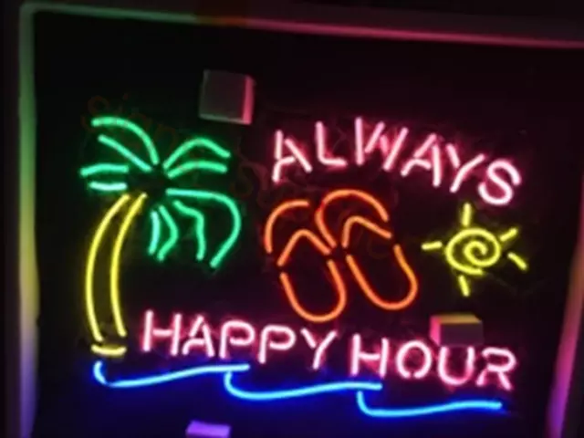 Always Happy Hour Neon Sign Light Tiki Bar Wall Hanging Visual Artwork 19"x15"