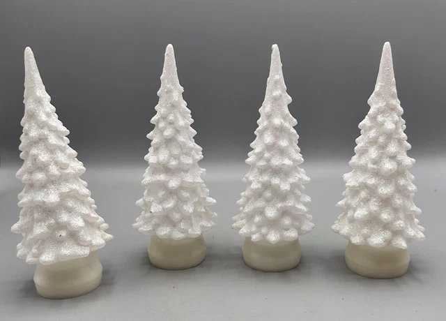 Set / 4 6" Color Changing Acrylic White Glitter Trees Christmas Village VTG HTF