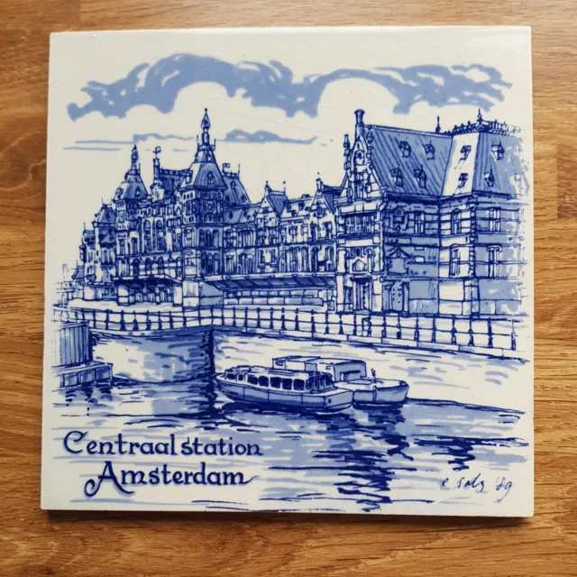 Vintage Dutch Delft Blue & White Hand Painted Ceramic Tile Centraal Station