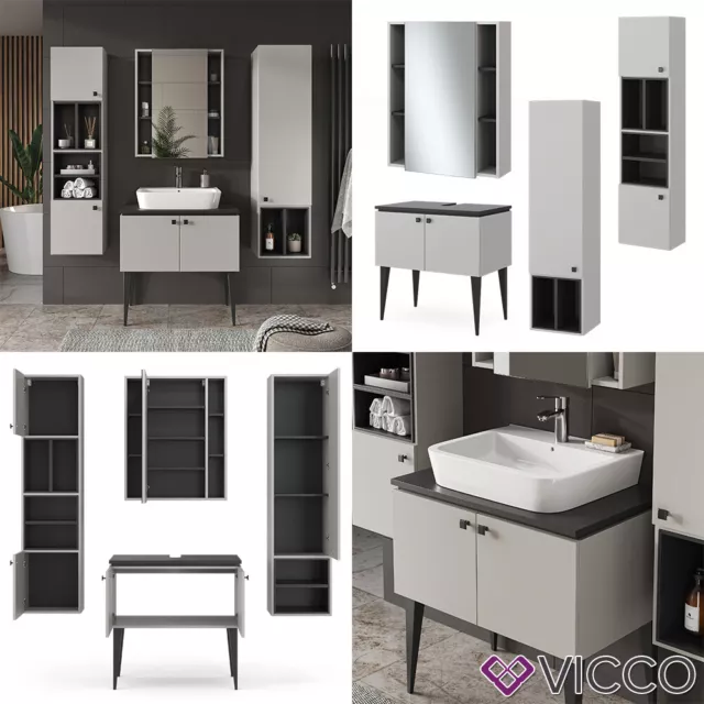 Badmöbel-Set Gerta in Grau-Schwarz, Badezimmer-Set, moderne Badserie Vicco