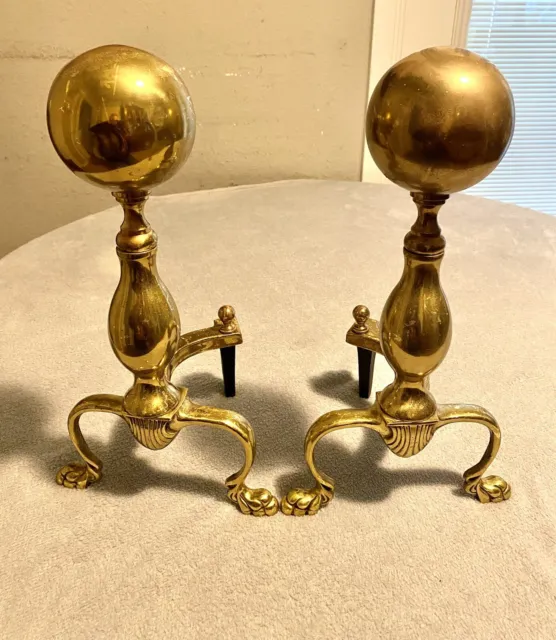 Vintage  Brass Cannonball Andirons Fireplace Log Holders 2 PCs Set