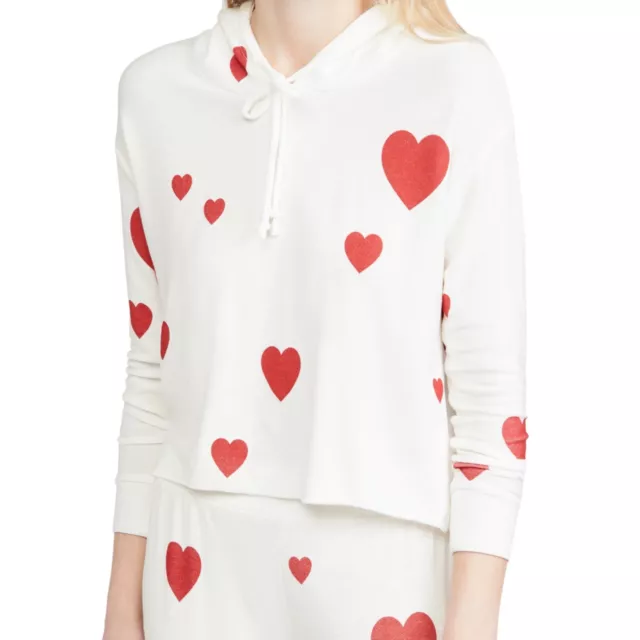 Chaser Women Pullover Heart Print Hoodie Sweatshirt Top Ivory Knit Sz M Long Slv