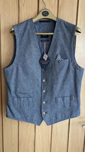 Mens White Stuff Chilson Herringbone Waistcoat Blue Size Medium